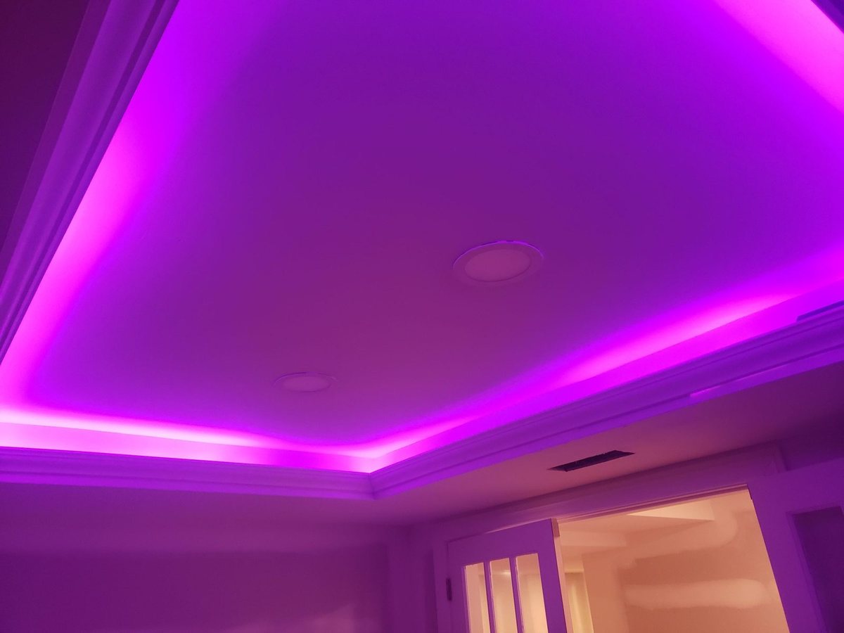 Tray ceiling with magenta LED cove lighting
